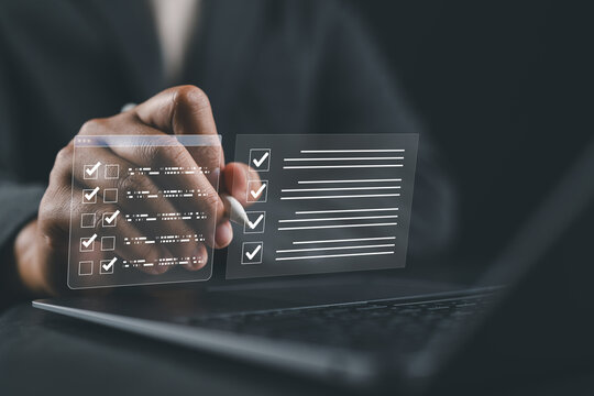 Online survey and evaluation form, Person completing digital checklist and assessment form on laptop. Ideal for quizzes, feedback collection, HR evaluations, customer satisfaction tools, online exams