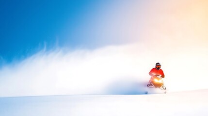 Fototapeta premium Lone figure in red and orange against vast white and blue background