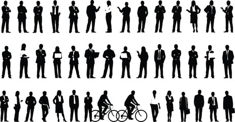 Business people silhouettes, office workers vector, professional man and woman, standing business pose, corporate clipart, teamwork illustration, formal attire icons, diverse business group