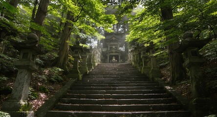 Fototapeta premium Mystical Stone Steps Leading to a Forest Shrine Serene Asian Spiritual Journey