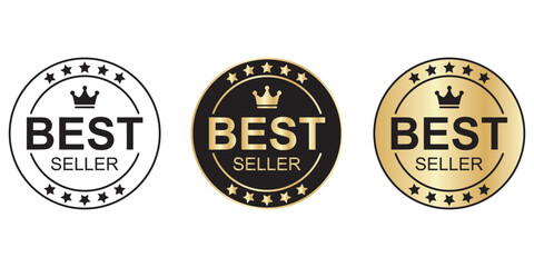 Three star-edged premium quality best seller badges with crowns in gold, silver, and bronze colors, symbolizing top rated trusted product and promotional branding in clean simple vector style