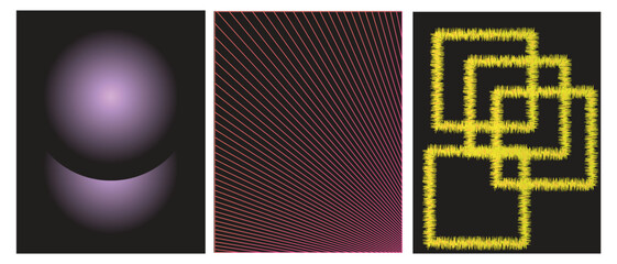Modern abstract artwork collection, vector minimalistic posters with geometric shapes, brutalism style inspired graphic, bold Y2k futuristic aesthetic, form distortion effect, color set 