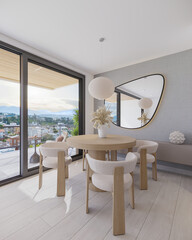 Luxury, contemporary home interior with a modern living room and dining area, featuring a stylish table and comfortable chairs, 3d render
