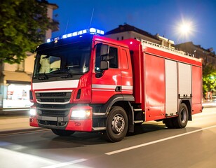 Red fire truck on city street at night