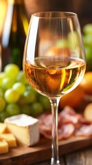 Naklejka premium A glass of white wine sits elegantly, surrounded by grapes, cheese, and charcuterie on a wooden board, evoking a cozy, gourmet atmosphere.