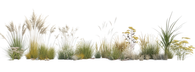 A variety of tall grasses and yellow wildflowers in a natural setting, isolated on transparent background