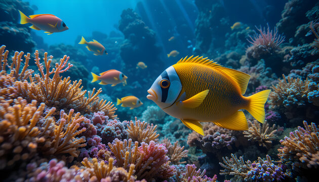 Colorful Tropical Fish Swimming Near Coral Reef Underwater Scene Brightly Lit
