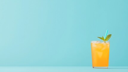 Refreshing orange juice drink with mint garnish on light blue background