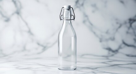 Clear glass bottle with swing top closure on marble background