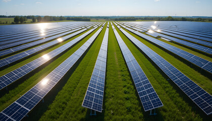 Rows of solar panels stretch across the green field, reflecting sunshine. Renewable energy