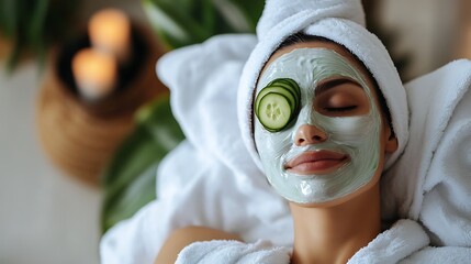 Woman Relaxing with Facial Mask and Cucumber Slices for Wellness