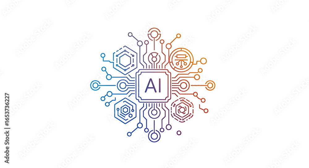 Aufkleber a stylized ai chip illustration with interconnected nodes and a gradient color scheme on a white bac