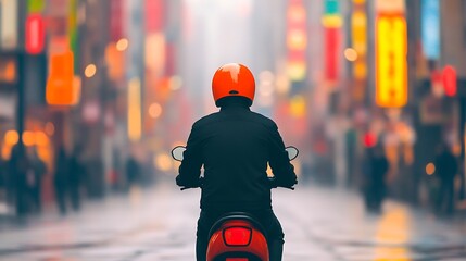 Rider on a scooter navigating a vibrant colorful city street at night