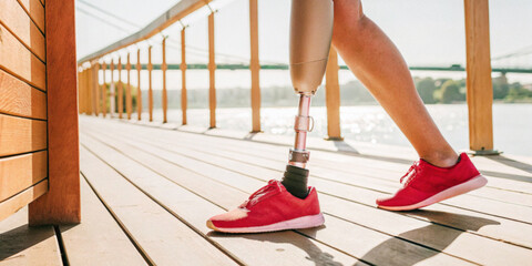 Background of healthcare. Close up of innovative technology in healthcare for disabled individuals exercising with prosthetic limbs in the morning sunlight