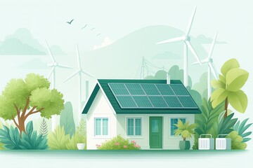 Obraz premium A modern eco-friendly house with solar panels surrounded by greenery and wind turbines for sustainable living.
