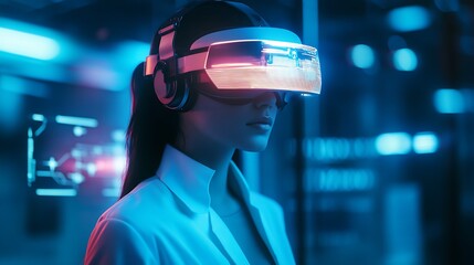 Woman Wearing Virtual Reality Headset Exploring Futuristic Digital Technology