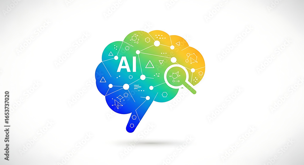 Aufkleber a colorful brain with ai text and connected dots and shapes and a magnifying glass on a white backgr