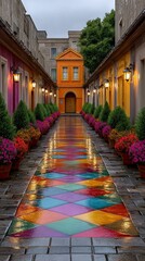 Fototapeta premium Dreamlike Alley in Rain with Colorful Prism Reflections