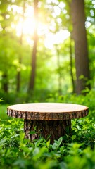Naklejka premium Empty natural wood slice pedestal stand on a forest floor, bathed in warm golden sunlight filtering through lush green trees, creating a serene and organic outdoor display setting.