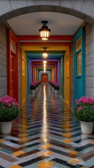 Fototapeta premium Colorful Alley with Rainy Reflections in Minimalist Style