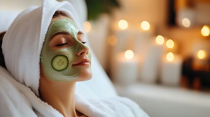 Woman Relaxing with Facial Mask and Towel in Spa Setting