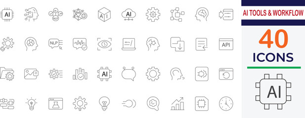 Modern AI tools and workflow line icon set featuring artificial intelligence, machine learning, and automation concepts. Perfect for technology, data science and innovative business solutions.