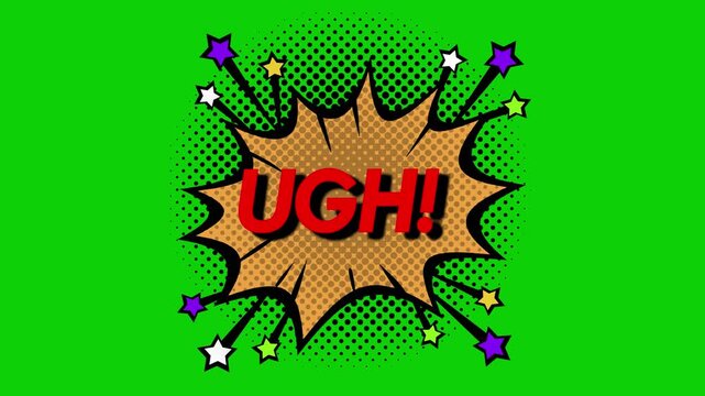 Animated Comic UGH! Text Pop-Up with Explosion on Green Screen & Black Background, 4K