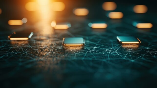 Glowing microchips on a circuit board with interconnected lines, evoking networks, data flow, and futuristic computing hardware.