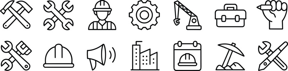 Construction icons, worker tools, building equipment, hard hat safety, gear setting, crane lifting, toolbox repair, engineering design, city structure, labor illustration