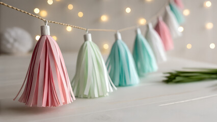 Colorful paper tassels hanging on string with warm lights in background  