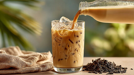 Pouring iced milk tea into glass with ice cubes and tea leaves on rustic table.