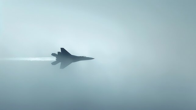 Fighter jet soaring through misty sky