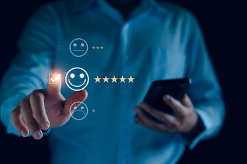 Customer service and Satisfaction ,business man giving Feedback satisfaction. five stars Positive Review. Client Satisfaction Surveys, good, five stars, best product and service. Excellence guarantee.