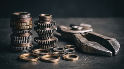 Collection of Metallic Gears and Pliers on a Dark Surface for Industrial and Mechanical Themes