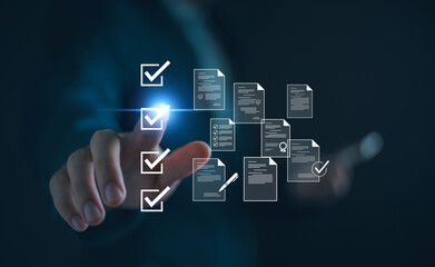 Checklist business performance monitoring concept, Businessman doing online survey filling out...