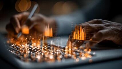 Closeup of human hands working on laptop with glowing holographic financial graphs rising from keyboard, symbolizing stock market growth, big data analytics, investment strategy, futuristic technology - Powered by Adobe