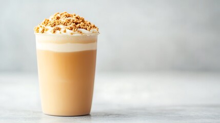 Delicious caramel coffee drink topped with whipped cream and nuts