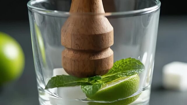 Making a fresh mojito cocktail, muddling ingredients in slow motion