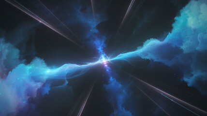 Vibrant blue cosmic nebula with a bright central star and streaking light trails evoking a sense of deep space exploration