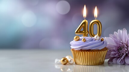 Festive and Elegant 40th Birthday Cupcake with Candles and Decorative Flowers
