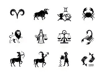 Collection of twelve zodiac constellation symbols in black and white