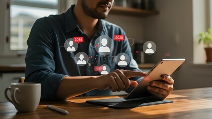 Man using tablet with social media icons and notifications - Powered by Adobe