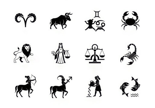Collection of twelve zodiac constellation symbols in black and white