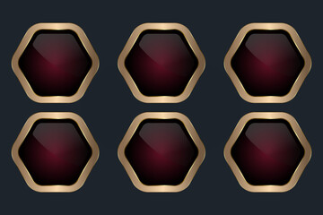Group of SIX Luxury Red Hexagon Buttons with striking hexagonal design, smooth, glossy surface, and deep red-to-black gradient banner vector illustration