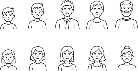 Family generations avatar icons, male female character faces, people portrait collection, diverse human head set, cartoon outline profile illustrations © Khadija Creatives