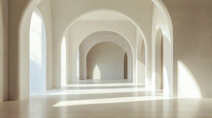 Obraz premium Empty sunlit arched hallway, minimalist architecture, interior design