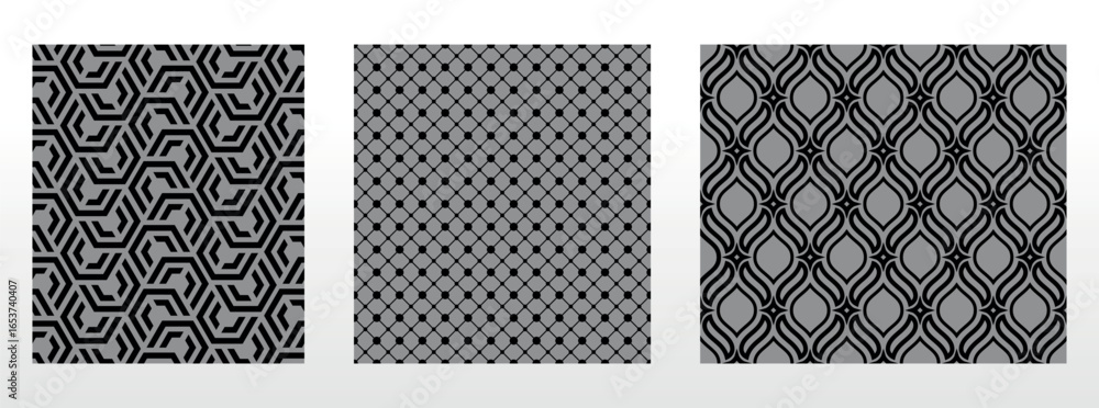 Poster geometric set of seamless black and gray patterns. simple vector graphics