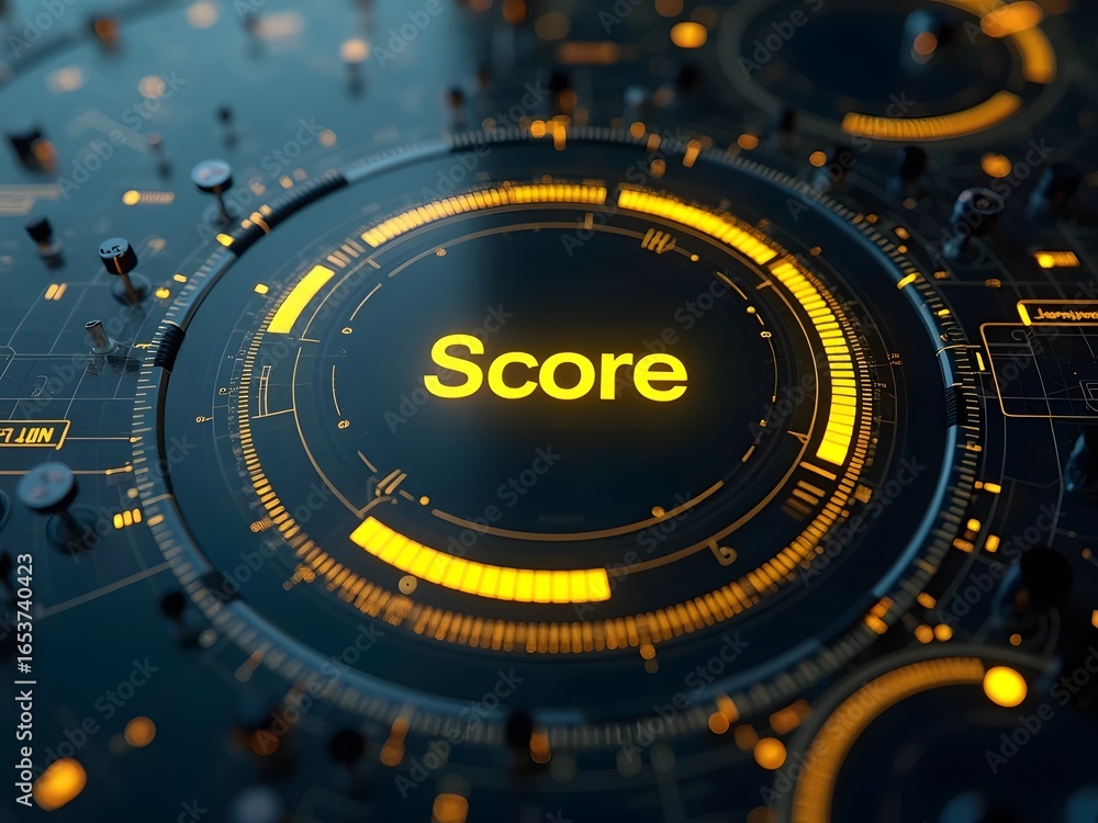 Aufkleber futuristic glowing yellow score display on a dark technological interface, horizontal composition. t