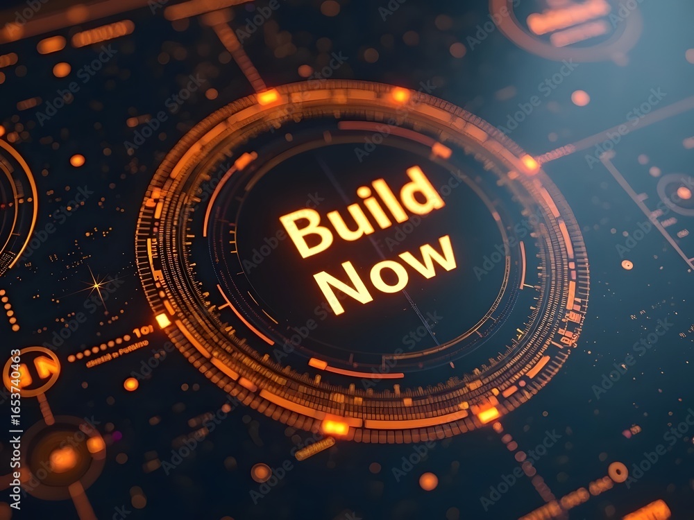 Poster futuristic orange and black digital interface displays build now, horizontal composition. this compe