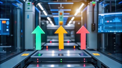 Innovative technology showcases arrows indicating growth in modern vocational training facility, emphasizing progress and development in skills